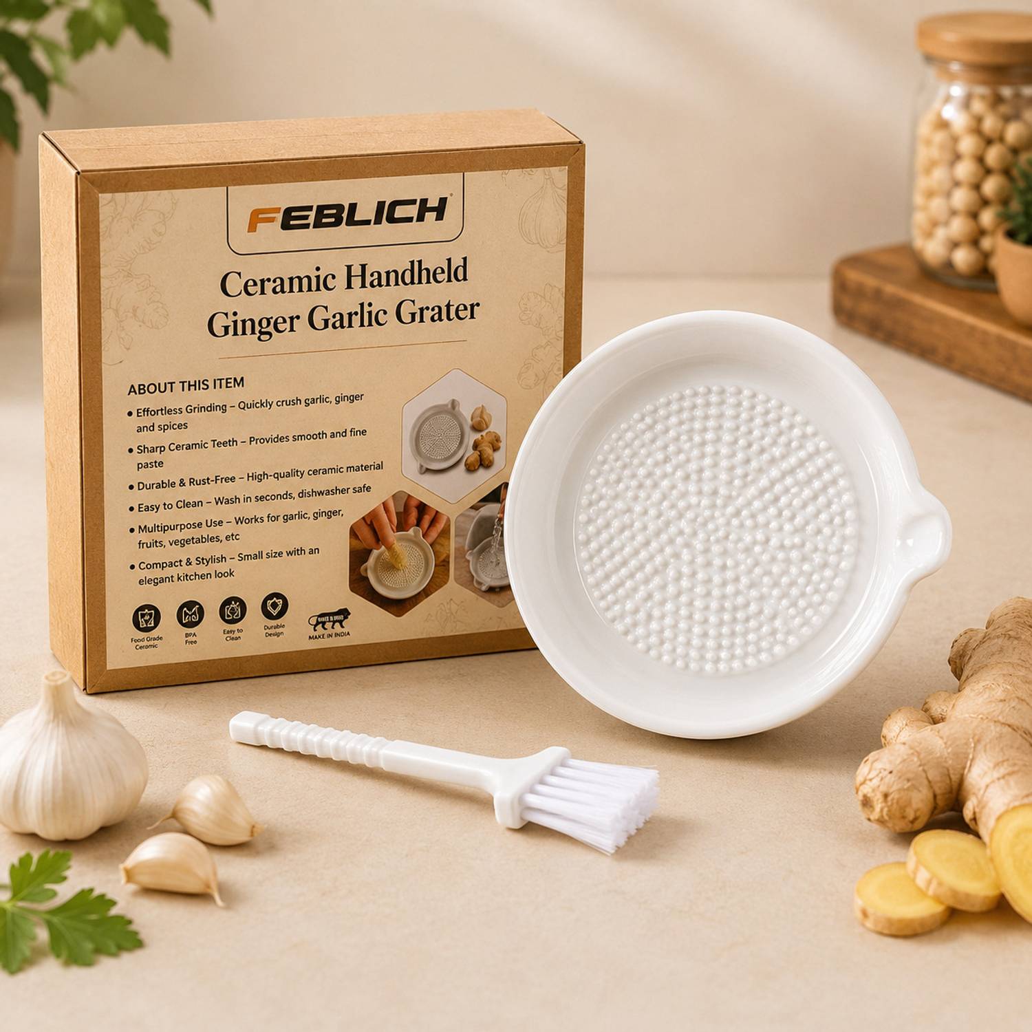 FEBLICH FEBLICH Ceramic Garlic Ginger Grater Plate with Brush, 4.7 inch, Small Kitchen Tool Set — Kitchen Tools & Gadgets