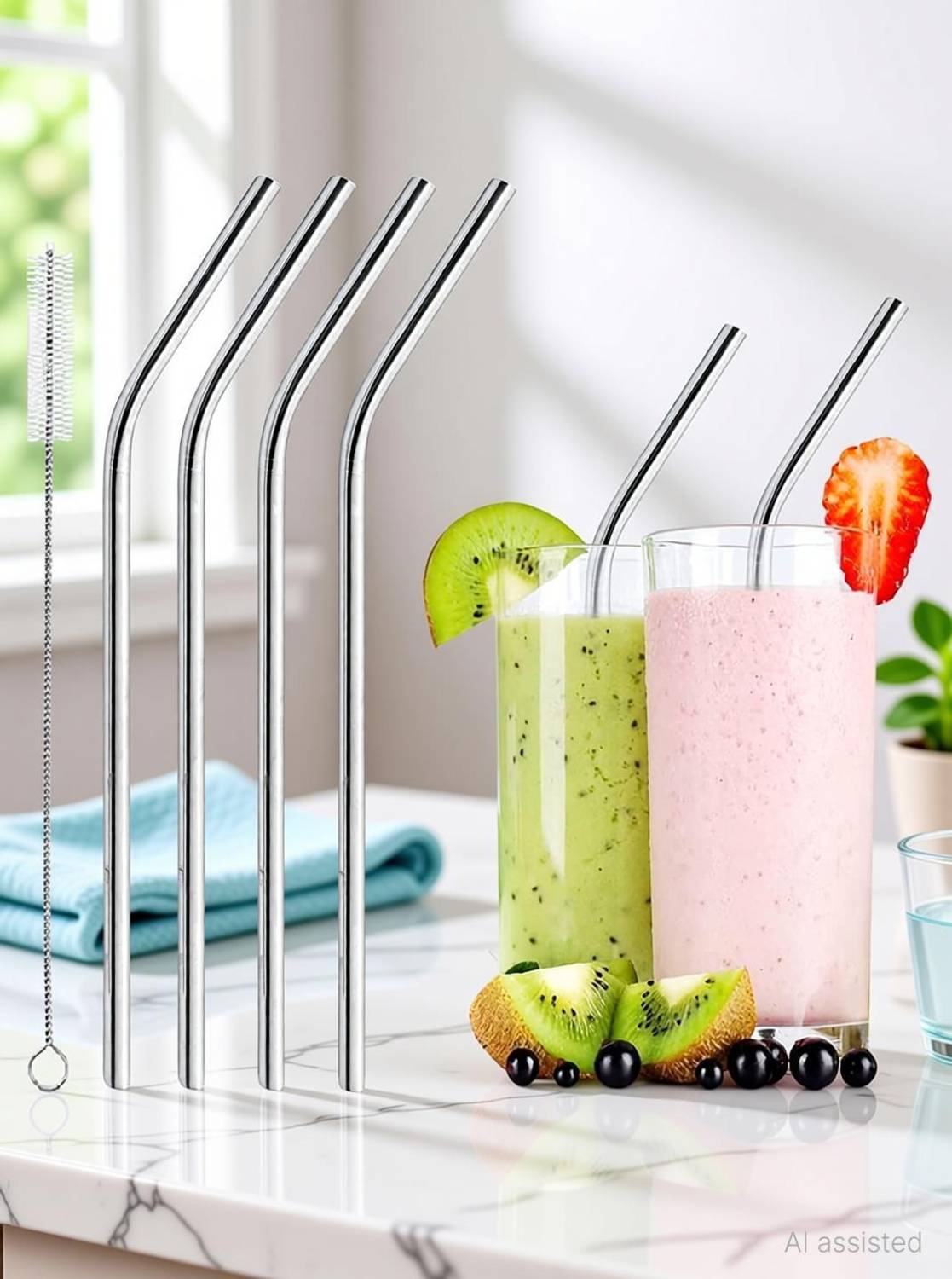 ASHGUJ Bendable Drinking Straw, Stainless Steel Straws for Drinking with Brushes Stainless Steel Table Spoon Set