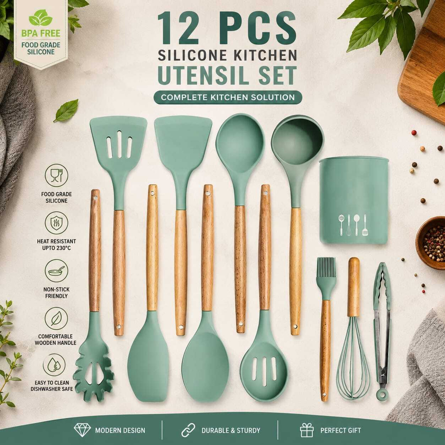 Image of HITHIKA IMPEX 12 Pieces Silicone Kitchen Utensil Spatula Set with Wooden Handles Kitchen Tool Set