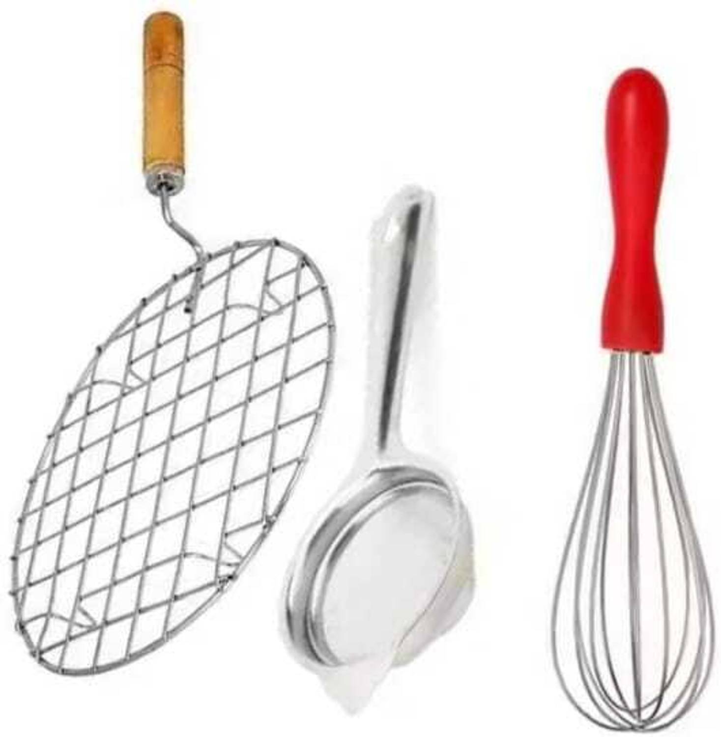 AFFODYL Stainless Steel Round Roaster, Papad Grill,Tea Strainer & Plastic Handle Whisker Kitchen Tool Set