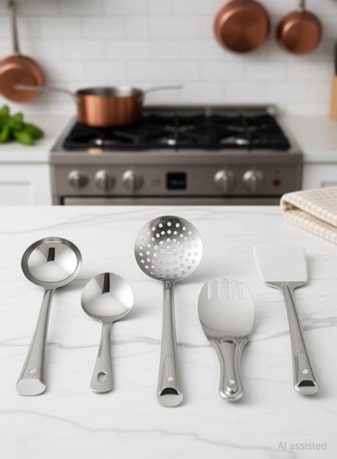 Image of Bekner Stainless Steel Cooking and Serving Spoon Ladle Set, 5-Pieces Kitchen Tool Set