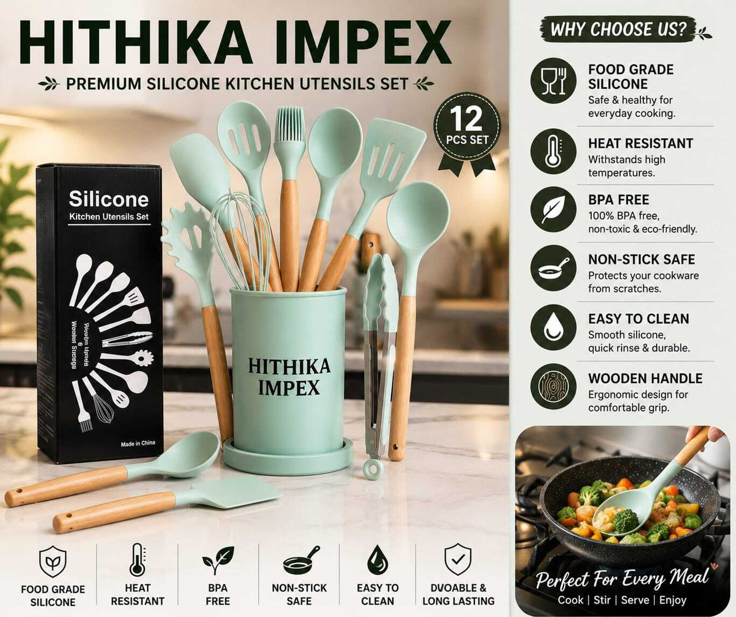 Image of HITHIKA IMPEX 12 Pic Silicone Kitchen Utensil Spatula Set with Wooden Handles Kitchen Tool Set (Green, Spatula, Baking Tools, Whisk, Brush)