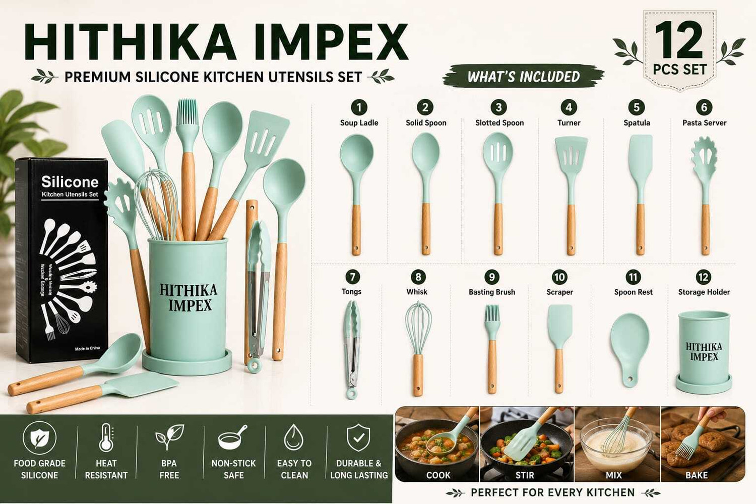 Image of HITHIKA IMPEX 12 Pic Silicone Kitchen Utensil Spatula Set with Wooden Handles Kitchen Tool Set (Green, Spatula, Baking Tools, Whisk, Brush)