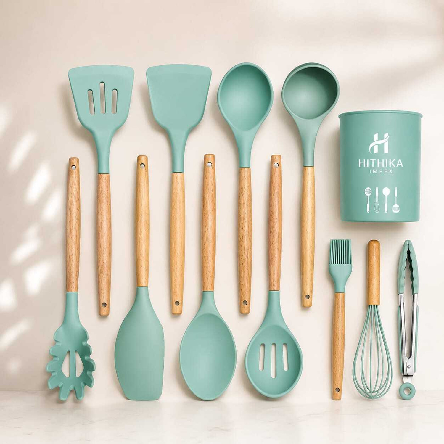Image of HITHIKA IMPEX 12 Pieces Silicone Kitchen Utensil Spatula Set with Wooden Handles Kitchen Tool Set