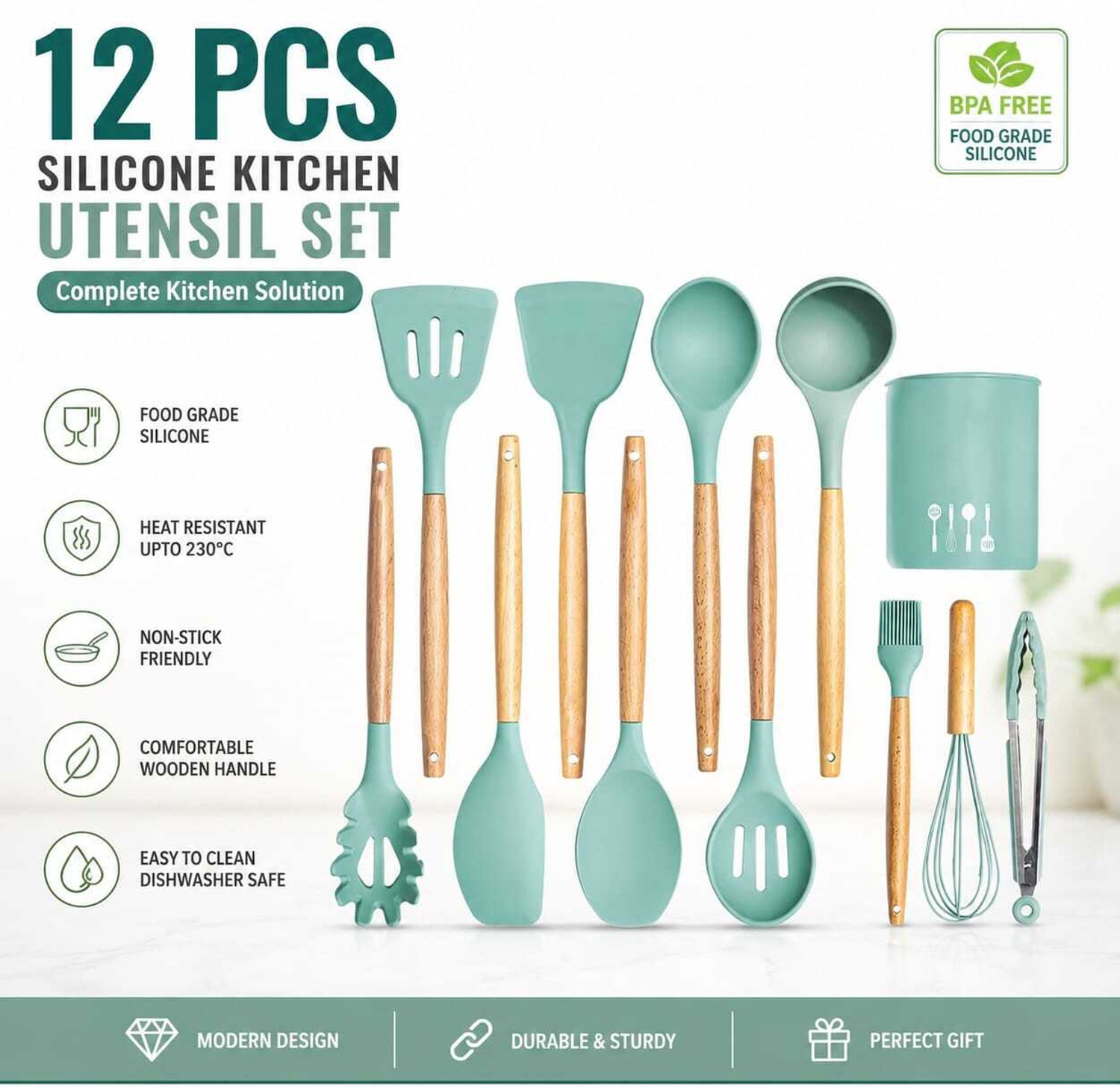 Image of HITHIKA IMPEX 12 Pieces Silicone Kitchen Utensil Spatula Set with Wooden Handles Kitchen Tool Set