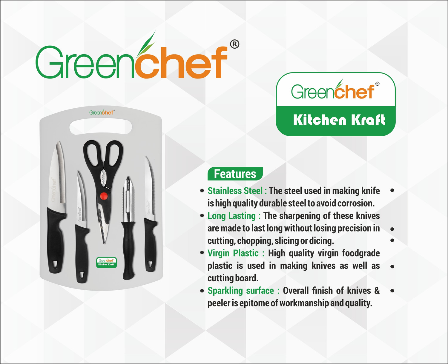 Image of Greenchef Greenchef Kitchen Knife Set 5 Pcs + 1 Chopping Board - Kitchen craft Kitchen Tool Set