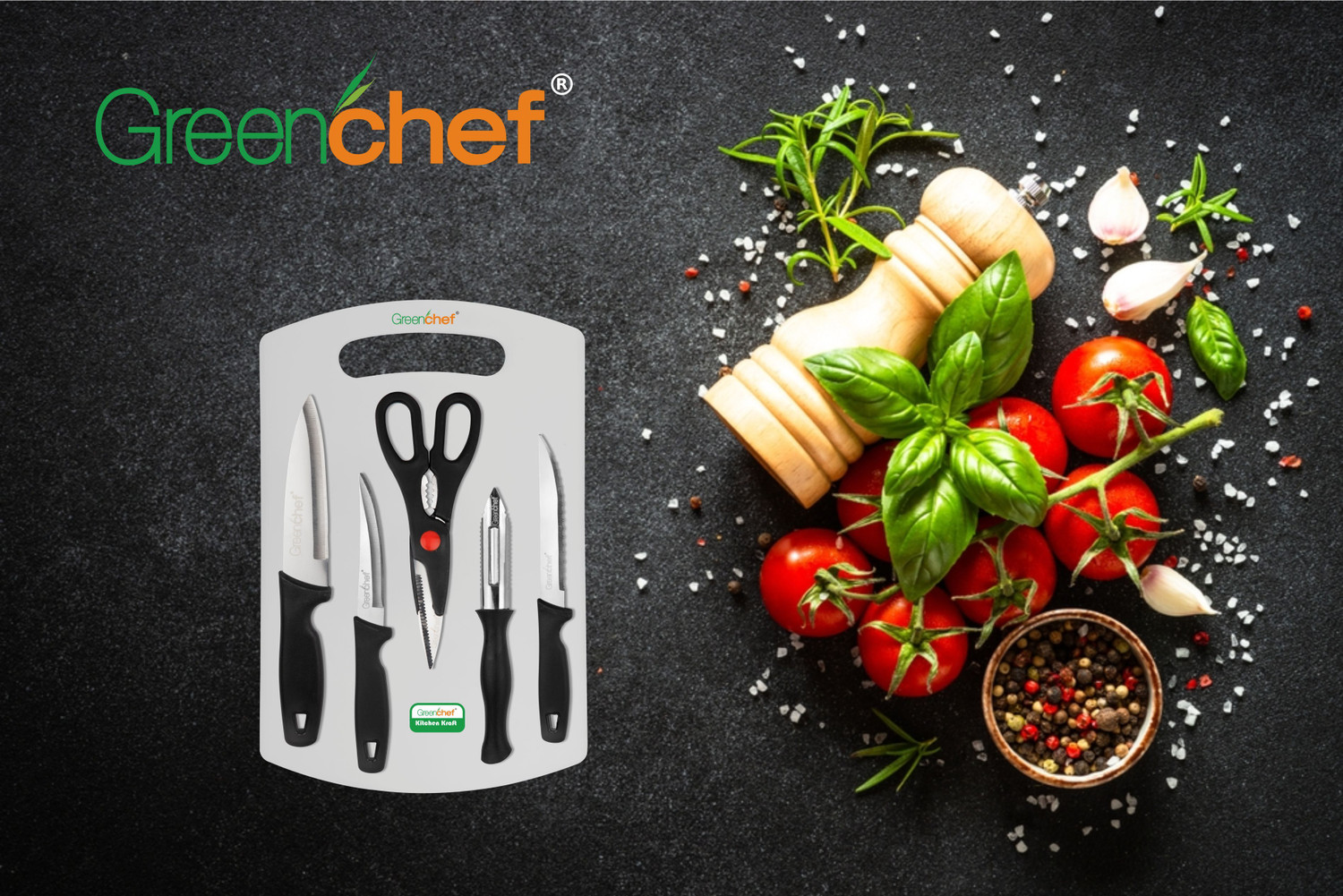 Image of Greenchef Greenchef Kitchen Knife Set 5 Pcs + 1 Chopping Board - Kitchen craft Kitchen Tool Set