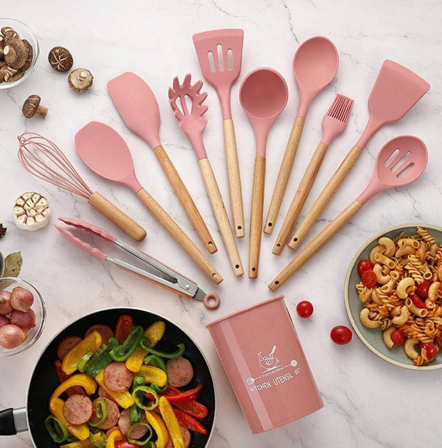 SRBKfashion 12Pcs Silicone Kitchen Utensil with Holder Wooden Spoons for Nonstick Cookware Kitchen Tool Set — Kitchen Tools & Gadgets