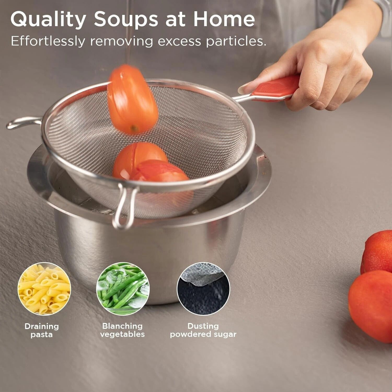 Image of CookoFriends Stainless Steel Soup & Juice Strainer for Kitchen Use, Combo Pack Small & Medium Strainer