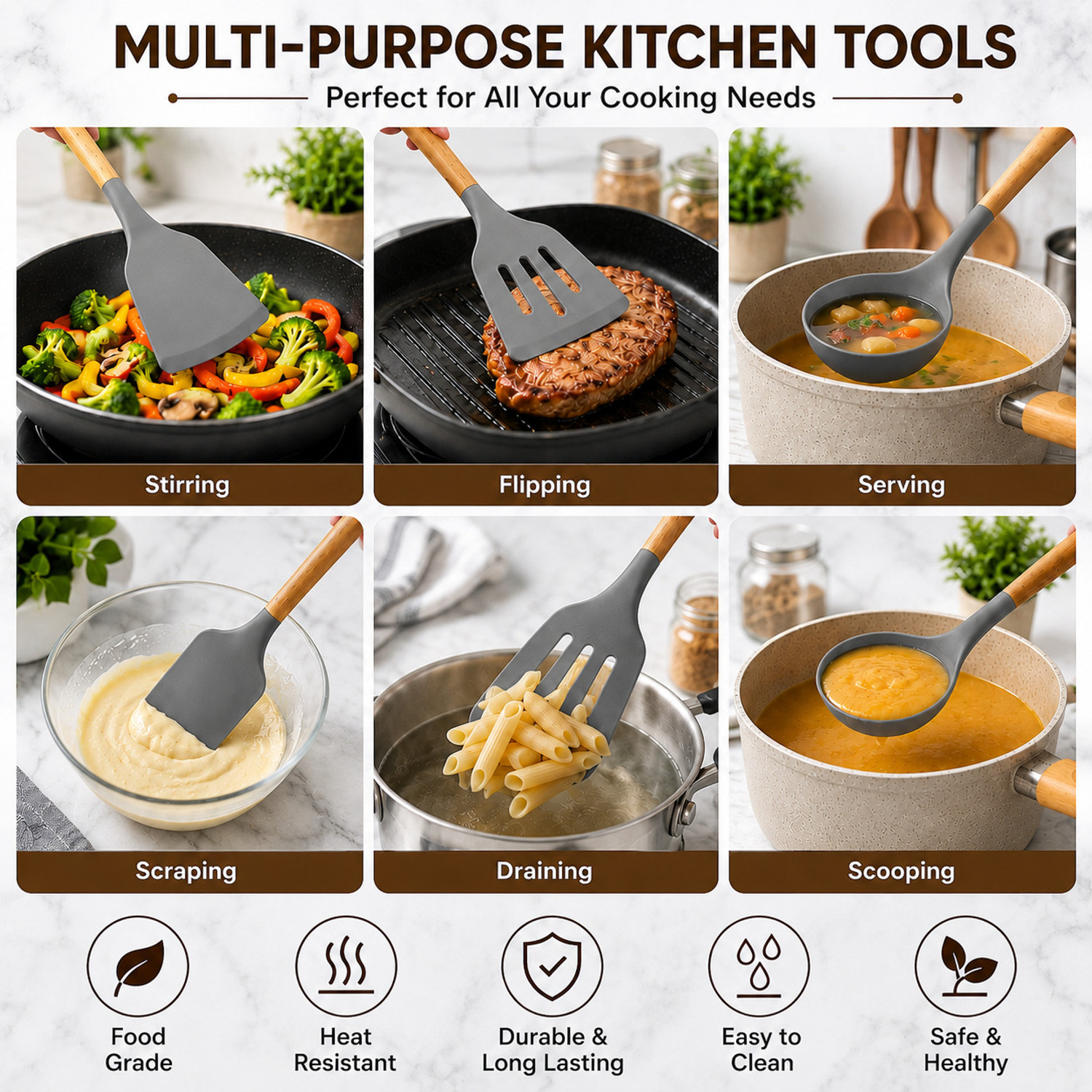 Image of AJDK MART Non Stick Silicone Spatula Spoon Set Wooden Handle Pack of 3 Kitchen Tool Set