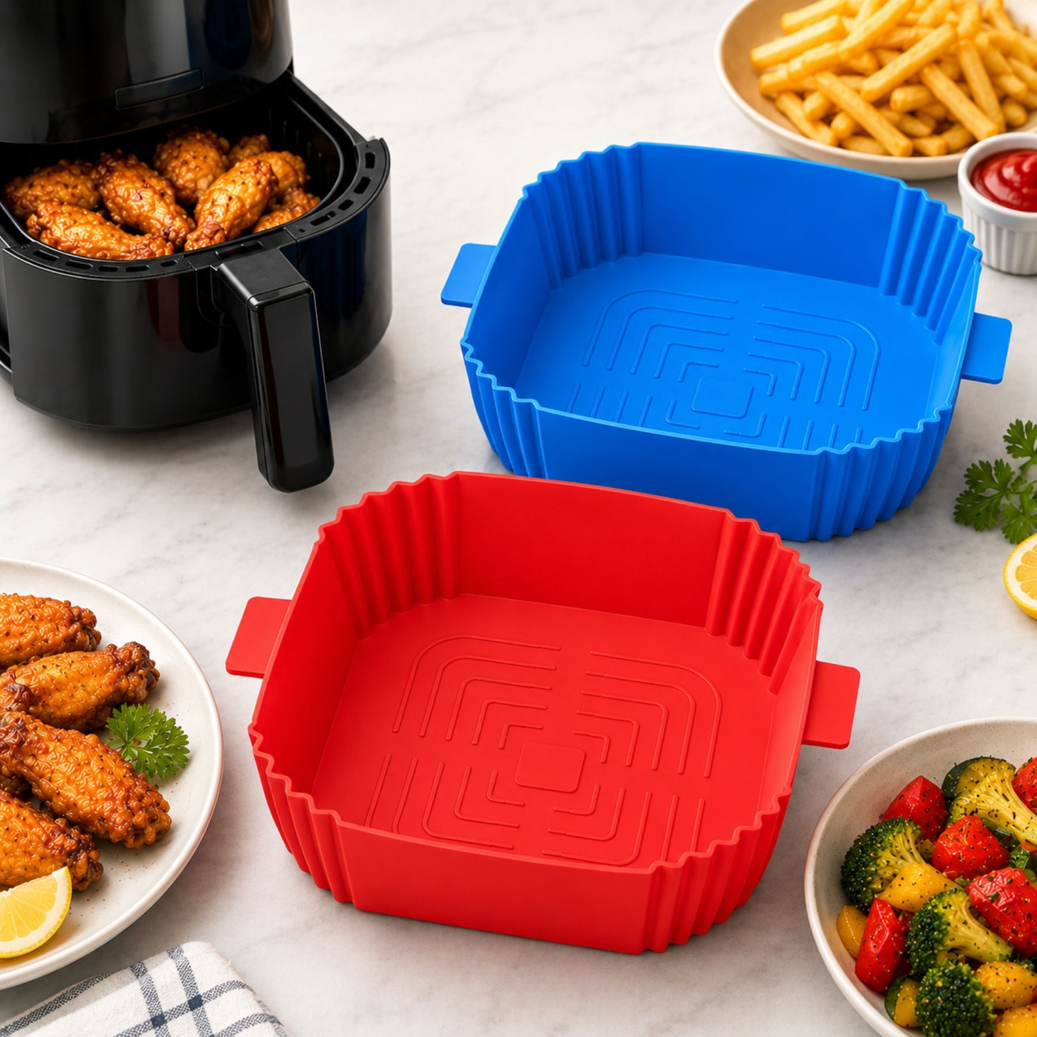 Image of RHHG E COM Silicone Cupcake /Muffin Mould Air Fryer Liners Square Silicone Basket Baking Tray I Pot with Ear Handles I Nonstick Reusable Heat Resistant I Cooking Oven Insert Accessories * Multicolor *(7 inch, Pack of 2)