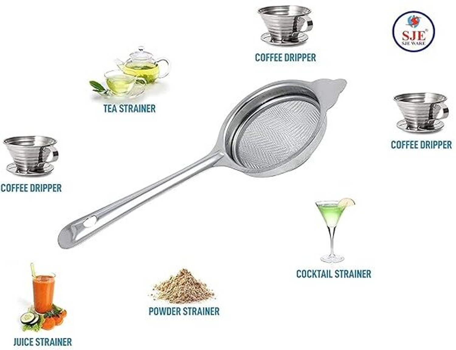 Image of CookoFriends Steel Soup Strainer with Tea Strainer and Whisk for Juice, Coffee, Tea Kitchen Tool Set