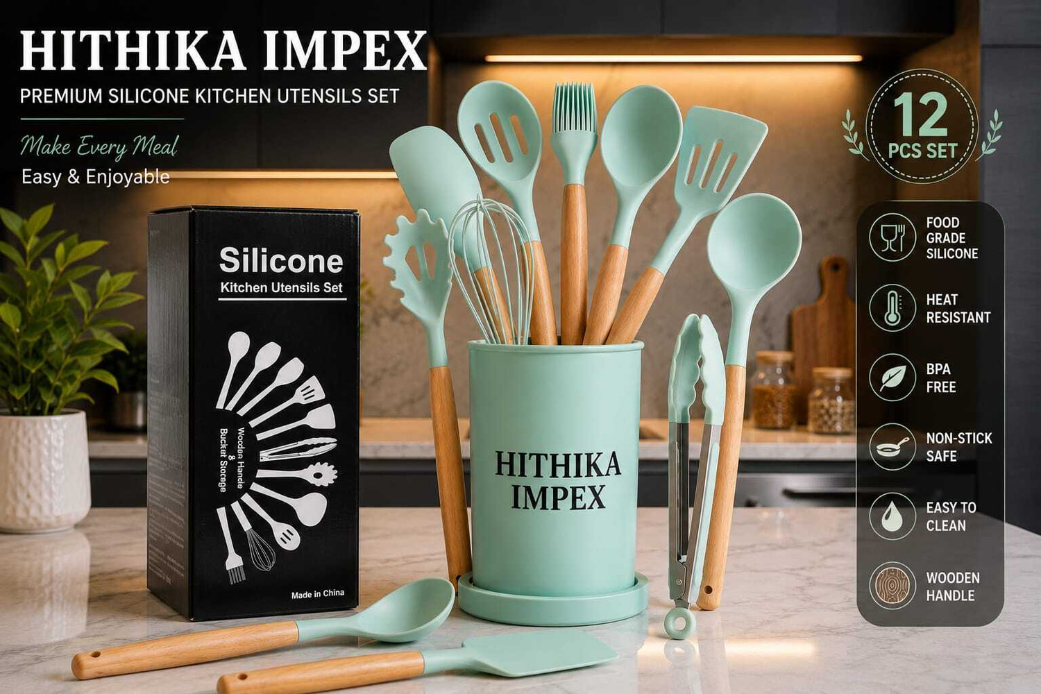 Image of HITHIKA IMPEX 12 Pic Silicone Kitchen Utensil Spatula Set with Wooden Handles Kitchen Tool Set (Green, Spatula, Baking Tools, Whisk, Brush)