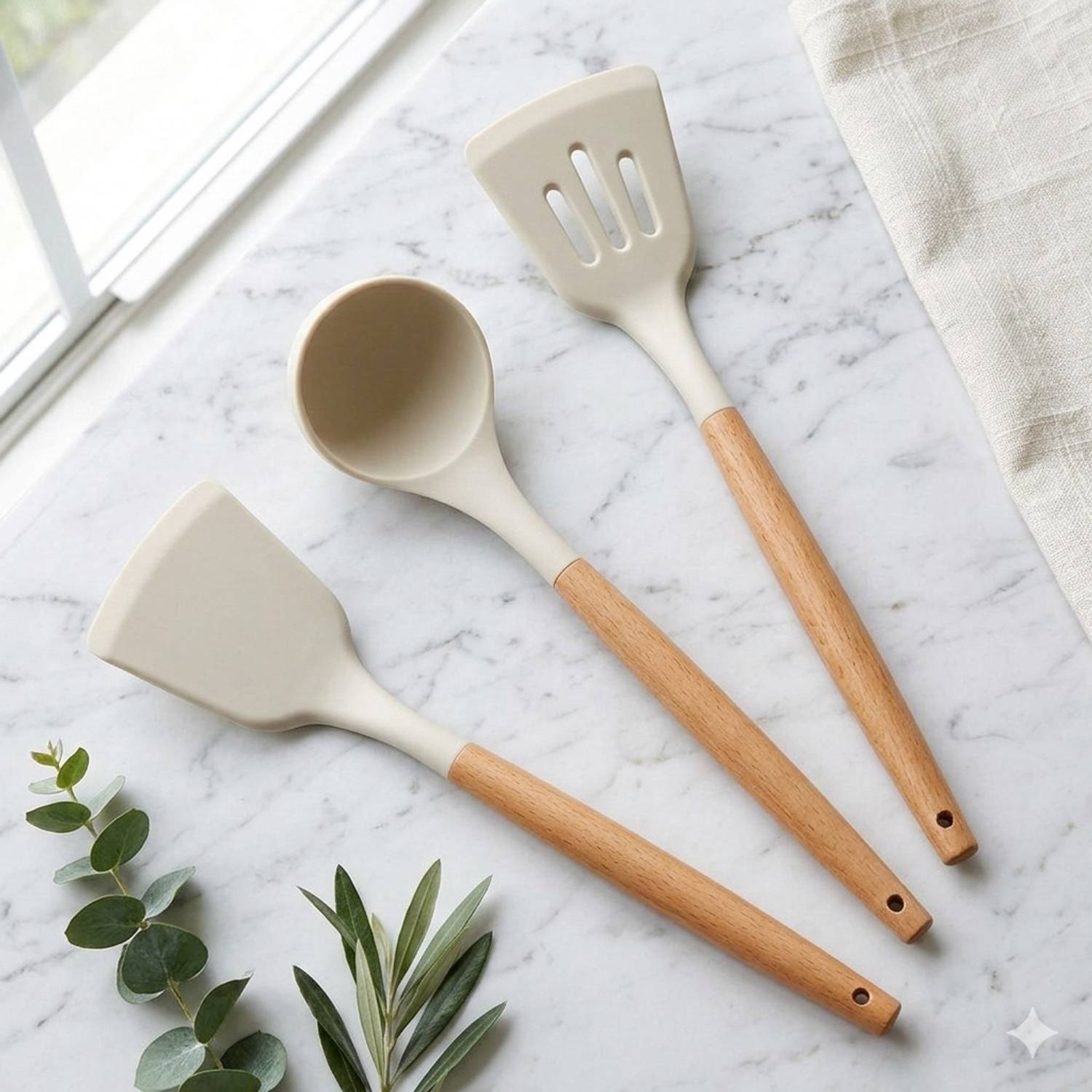 AJDK MART Non Stick Silicone Spatula Spoon Set Wooden Handle Pack of 3 Kitchen Tool Set — Kitchen Tools & Gadgets