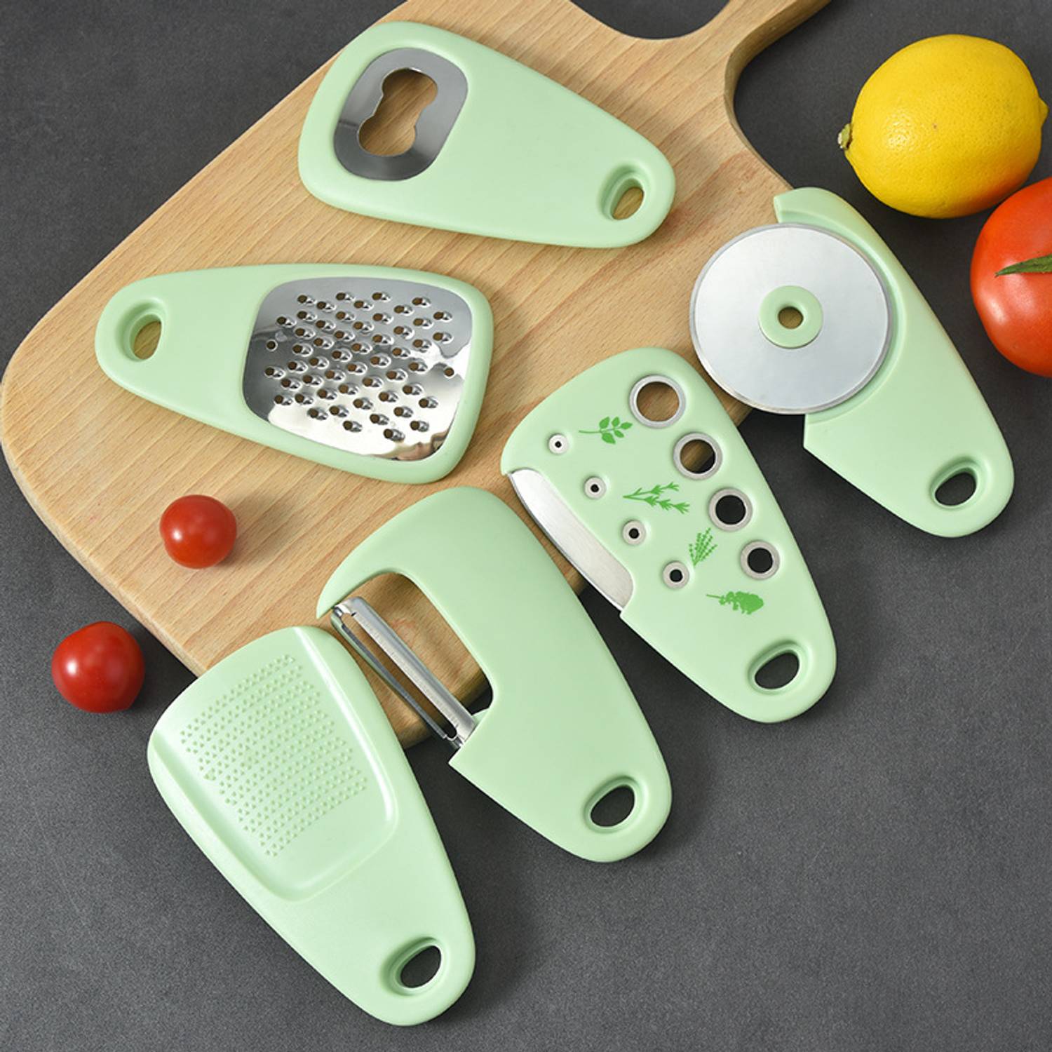 YELONA 6 Pcs Set of Cheese/Potato Grater, Peeler, Grinder, Bottle Opener, Pizza Cutter Kitchen Tool Set