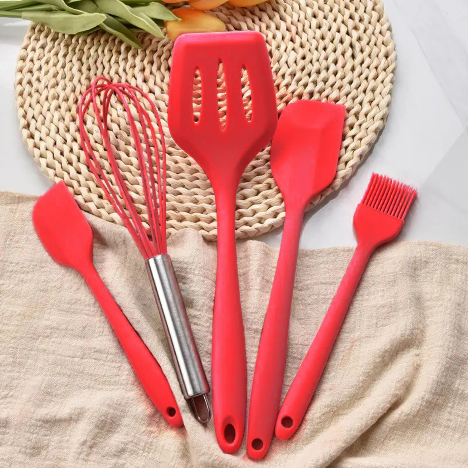 Image of DecorTwist Silicone Spatula Set of 5 Heat Resistant Kitchen Utensils for Cooking Baking Kitchen Tool Set