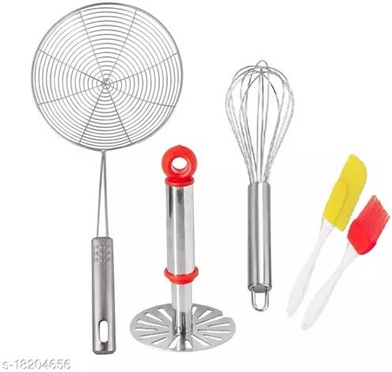 Aric Deep Fry Strainer Jhara,Bhaji Masher, Whisk and Silicone.Spetula and Oil Brush Kitchen Tool Set