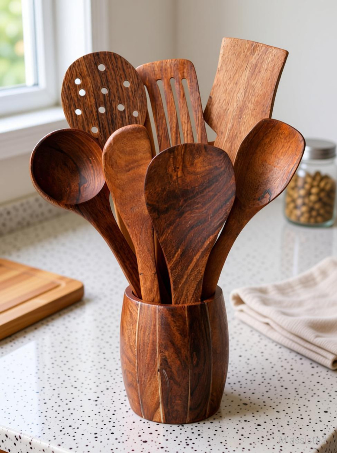 Image of Signamio 7pcs Wooden Spoons for Cooking, Wooden Utensil Set with Holder - Set of 7 Kitchen Tool Set