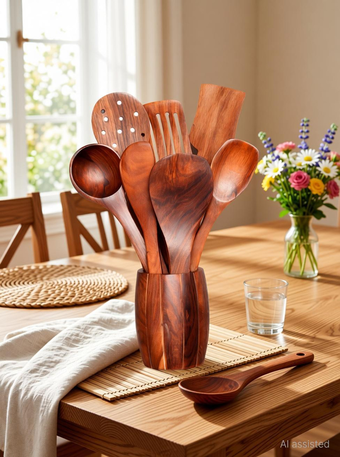 Image of Signamio 7pcs Wooden Spoons for Cooking, Wooden Utensil Set with Holder - Set of 7 Kitchen Tool Set