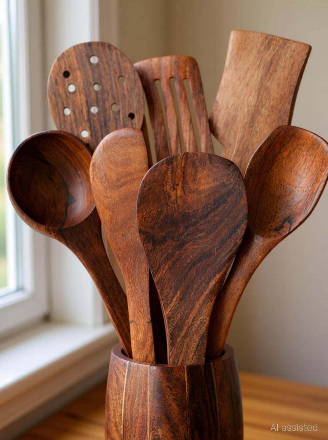 Image of Signamio 7pcs Wooden Spoons for Cooking, Wooden Utensil Set with Holder - Set of 7 Kitchen Tool Set