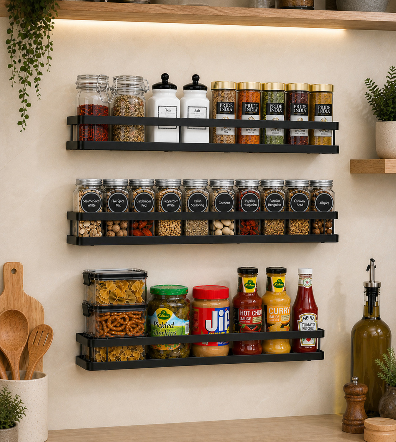 Image of DXDT Containers Kitchen Rack Carbon Steel Steel wall mounted kitchen rack(set of 3)kitchen accessories kitchen organizers