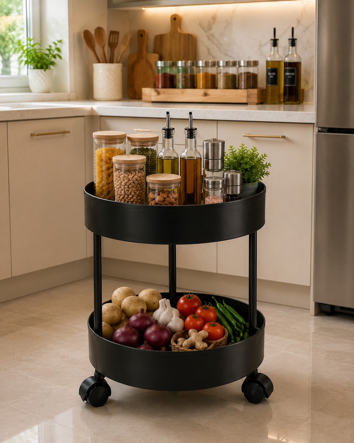 Image of PRIKAP ENTERPRISE 2 -TIER MULTIPURPOSE PLASTIC FRUIT & VEGETABLES TROLLEY WITH WHEELS | Plastic Kitchen Trolley