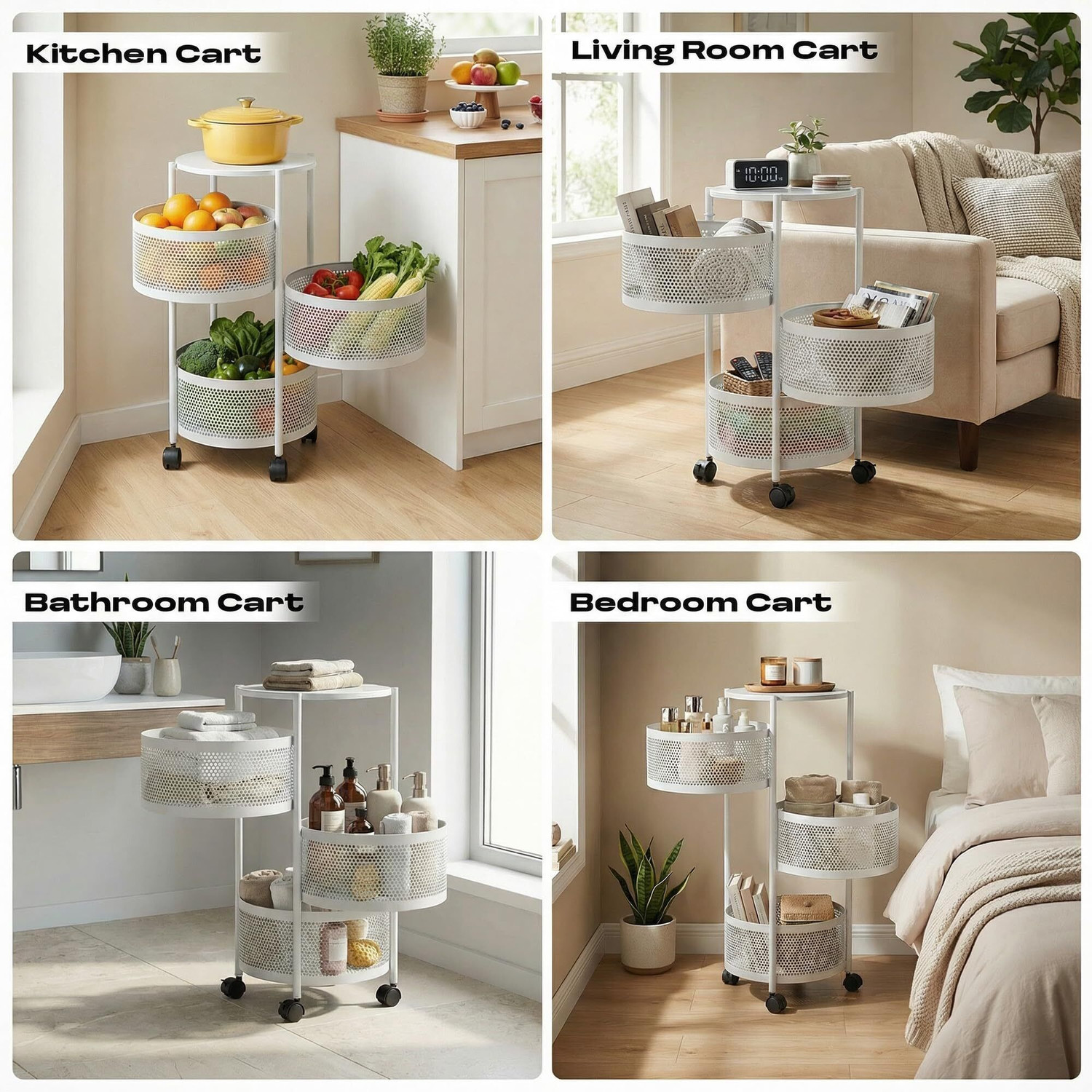 Image of Dailora 3+1 Layer Kitchen Metal Storage Organizer Onion Rack with Wheels Round Shape Carbon Steel Kitchen Trolley