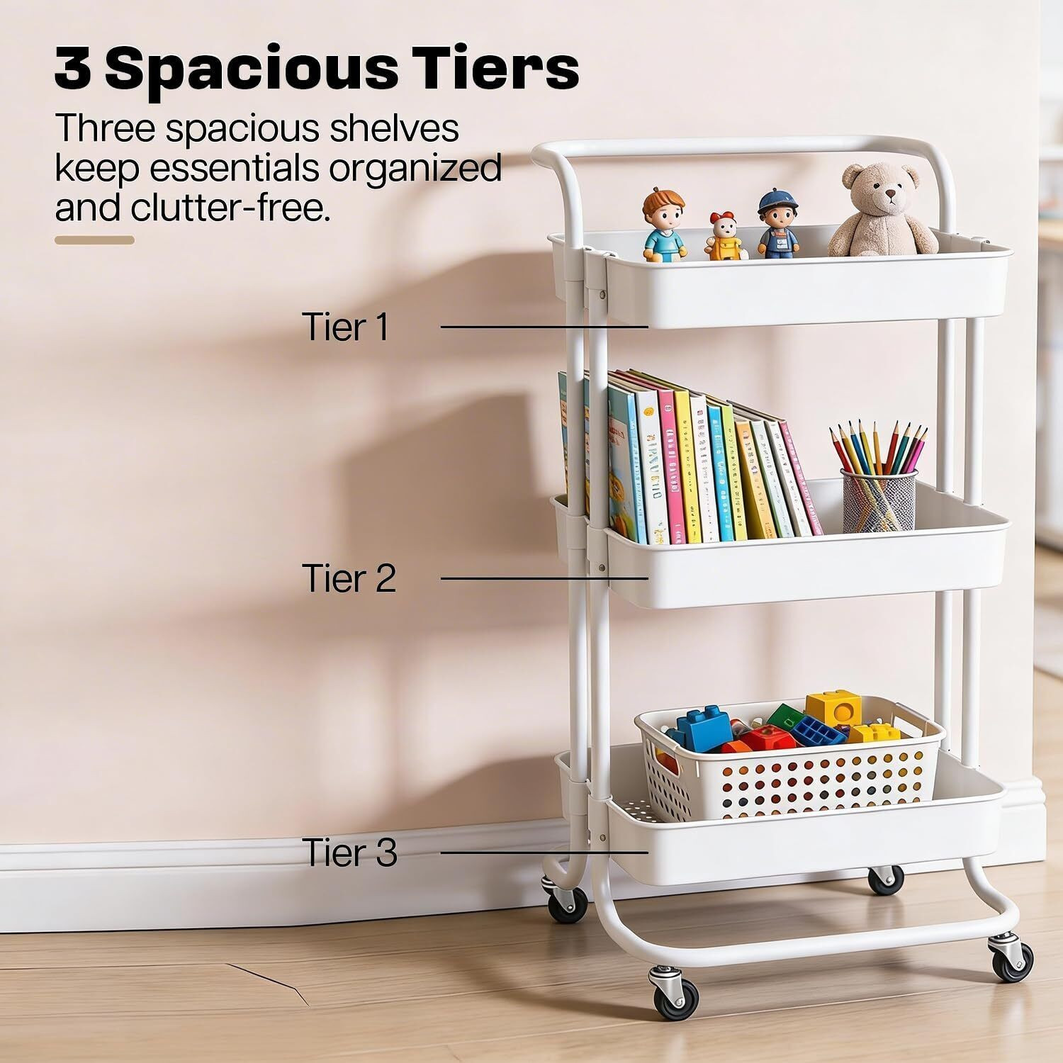 Image of Dailora Multipurpose Trolley with Wheels | 3-Tier Storage with Space-Saving Racks Carbon Steel Kitchen Trolley