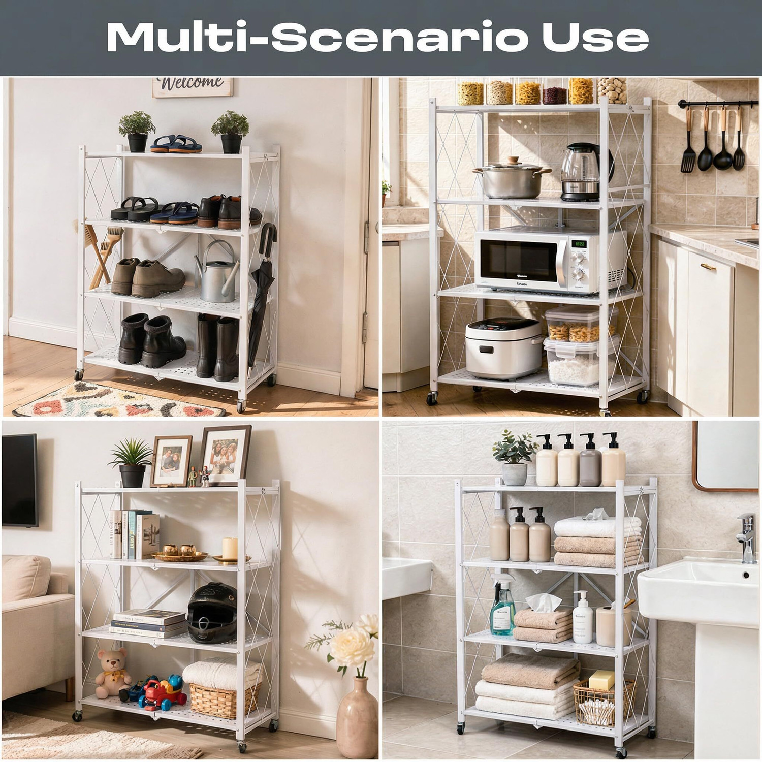 Image of Dailora 4-Tier Multipurpose Foldable Kitchen Storage Rack with Wheels Carbon Steel Kitchen Trolley