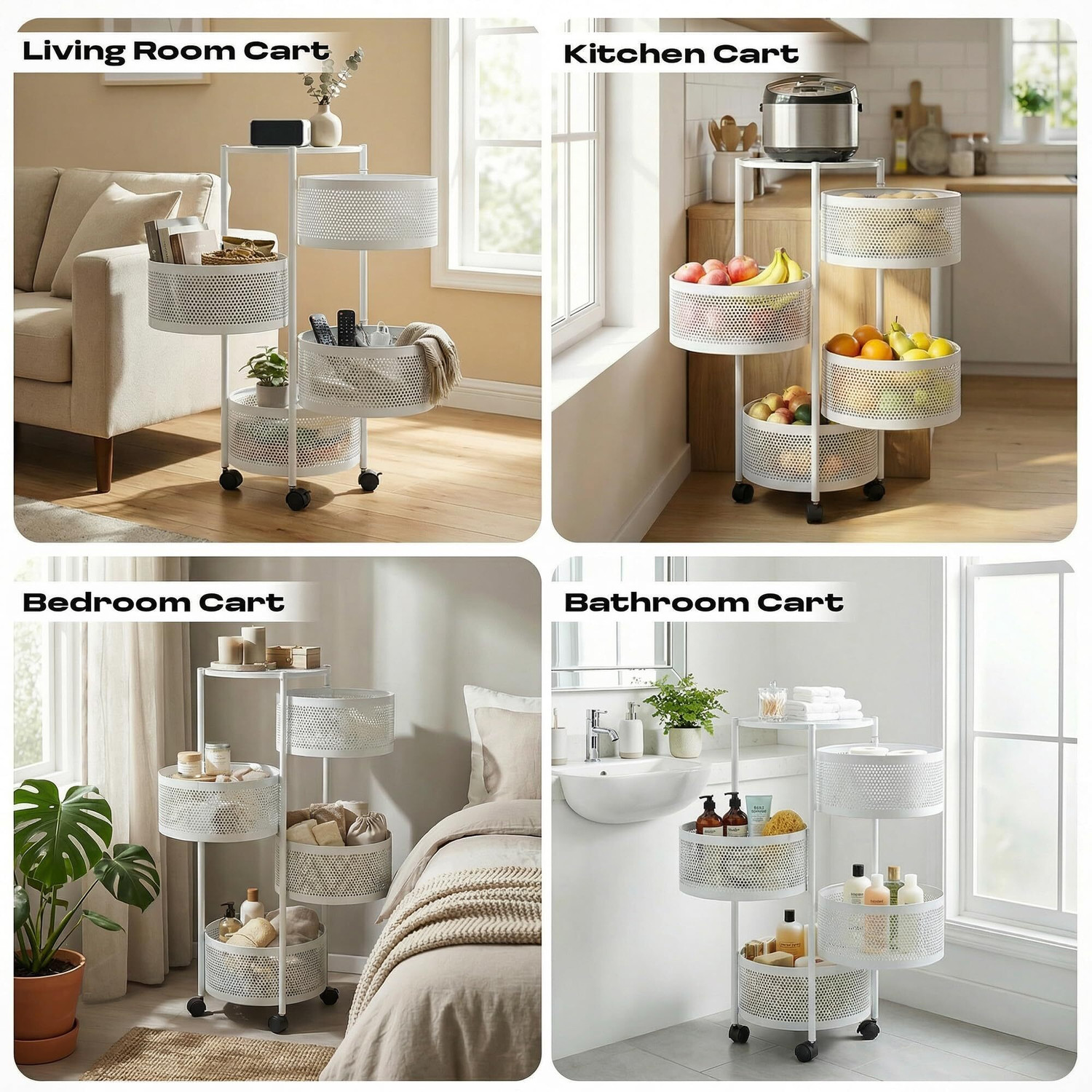 Image of Dailora 4+1 Layer Kitchen Metal Storage Organizer Onion Rack with Wheels Round Shape Carbon Steel Kitchen Trolley