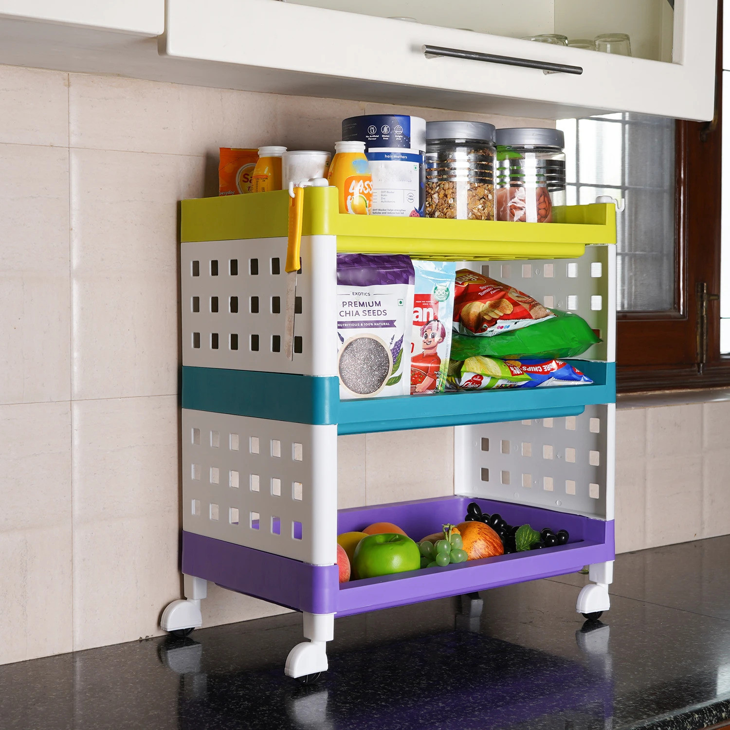 Image of LEOPAX 3 Layers Plastic Rolling Storage Rack | Multipurpose Storage Rack with Wheels | Plastic Kitchen Trolley
