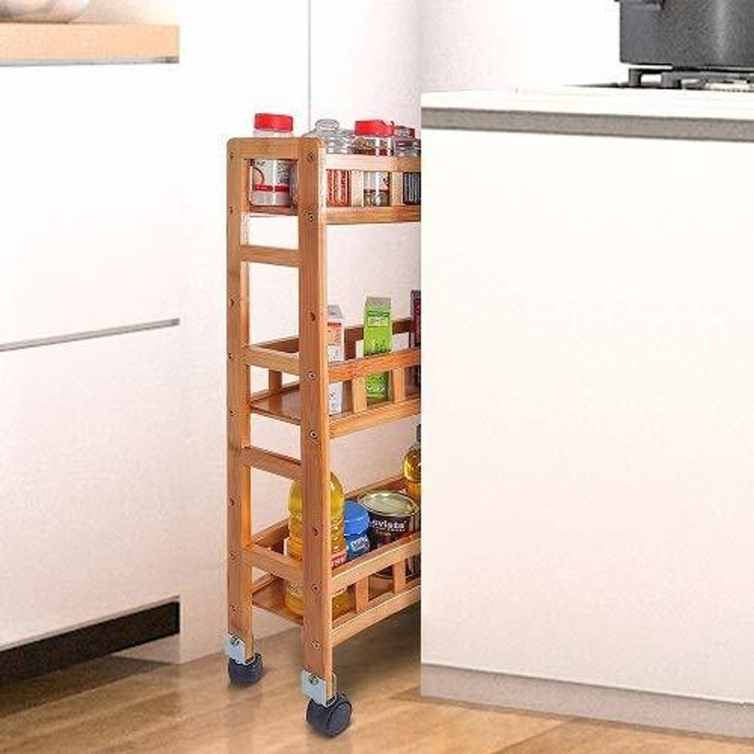 Image of Livzing 3 Layer Storage Organizer Rack with Wheels - Space Saving Trolley for Kitchen Bedroom and Bathroom Bamboo Kitchen Trolley