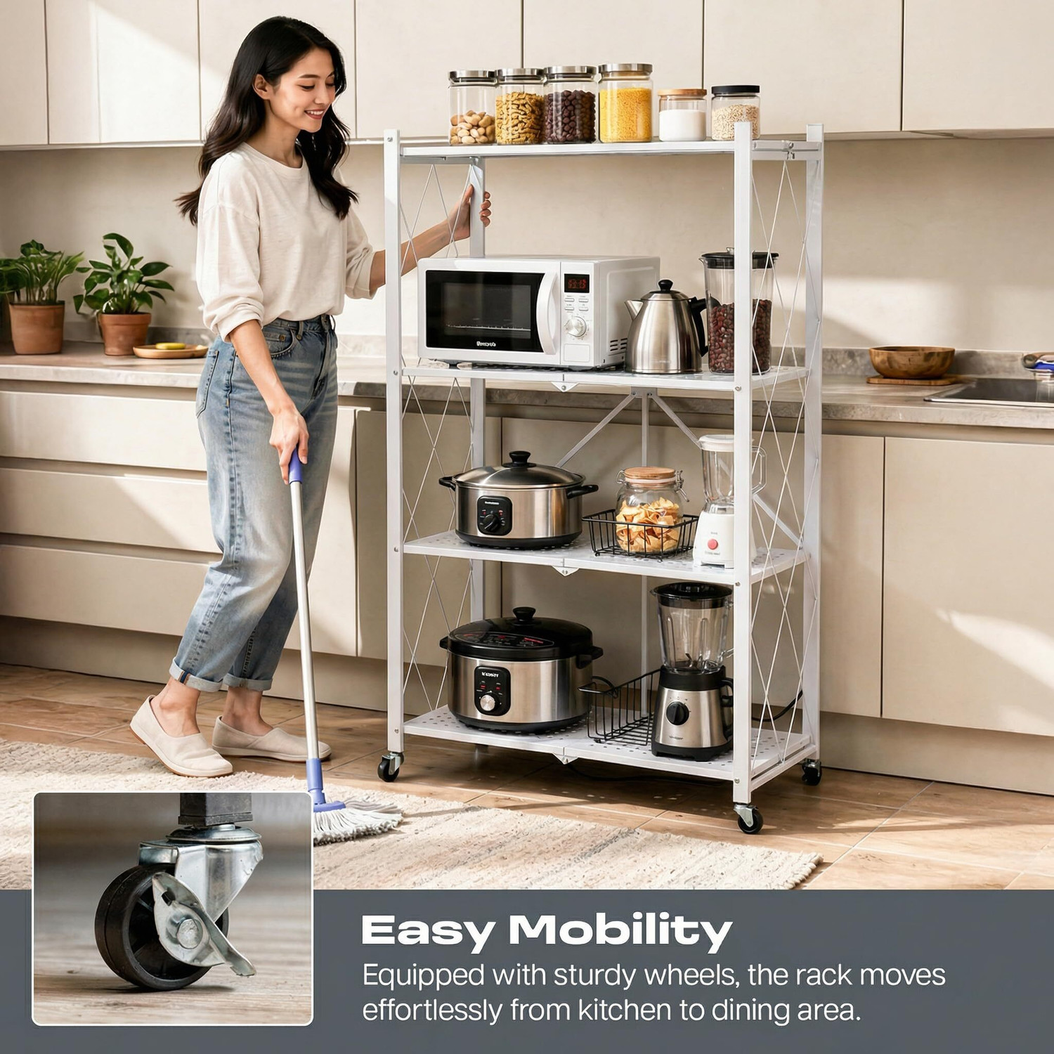 Image of Dailora 4-Tier Multipurpose Foldable Kitchen Storage Rack with Wheels Carbon Steel Kitchen Trolley