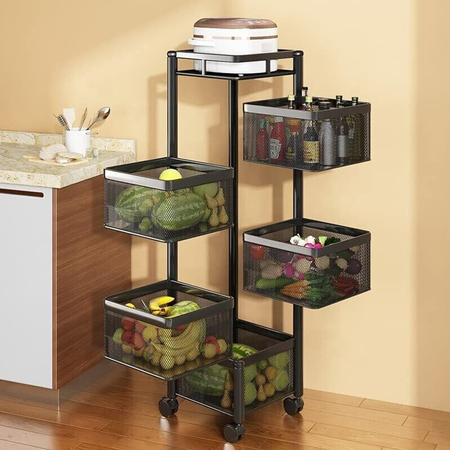 Image of TEX-RO Portable Storage Rack Square Basket Organizer, 5 Layer Iron Kitchen Trolley