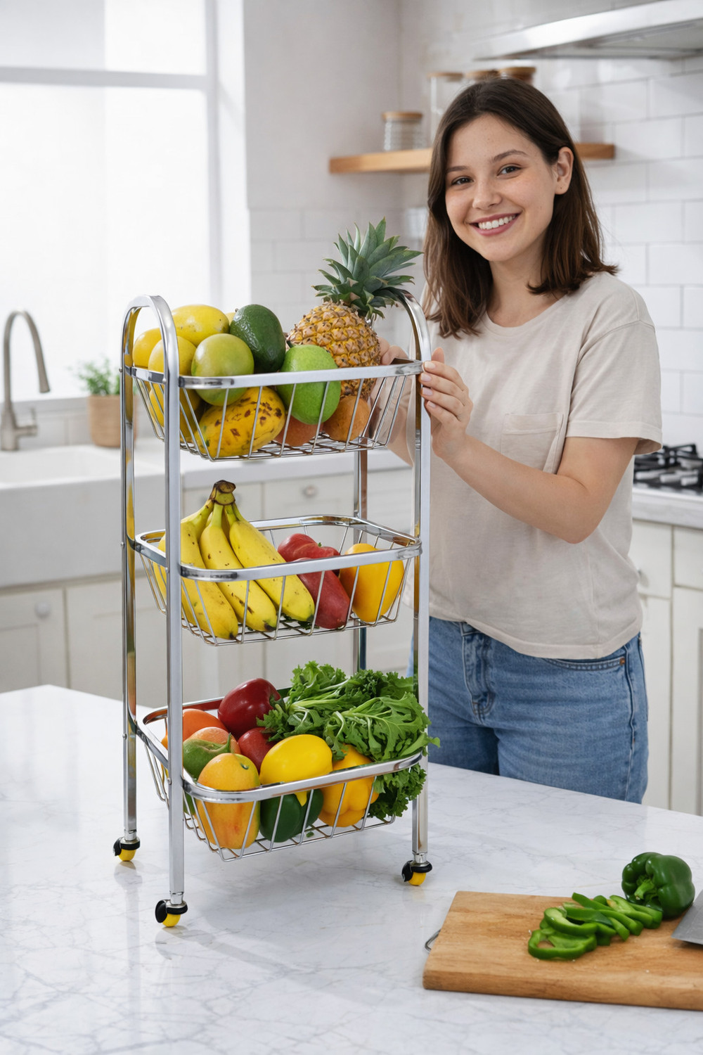 Image of HardRoss Fruit & Vegetable Trolley 3 Step|kitchen accessories | Stainless Steel Kitchen Trolley