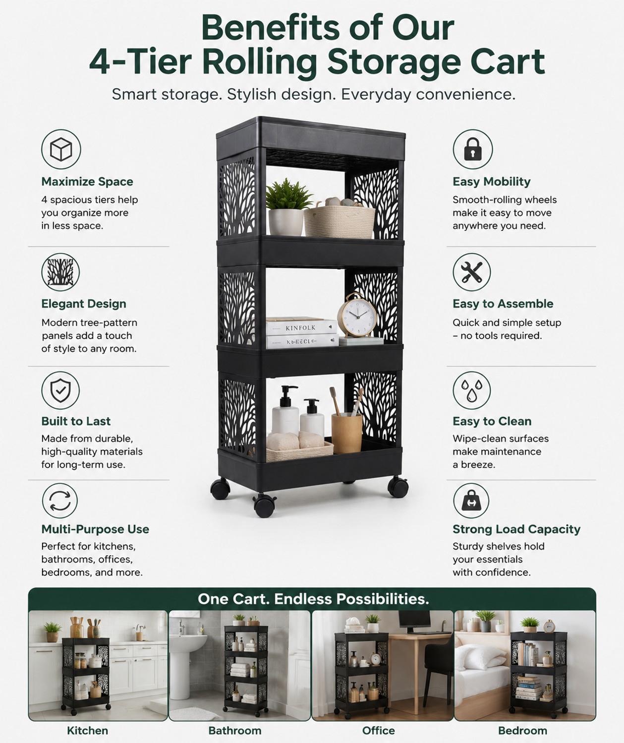 Image of Surety for Safety 4-Tier Plastic Kitchen Trolley with Wheels and Tree Cutout Design Plastic Almirah