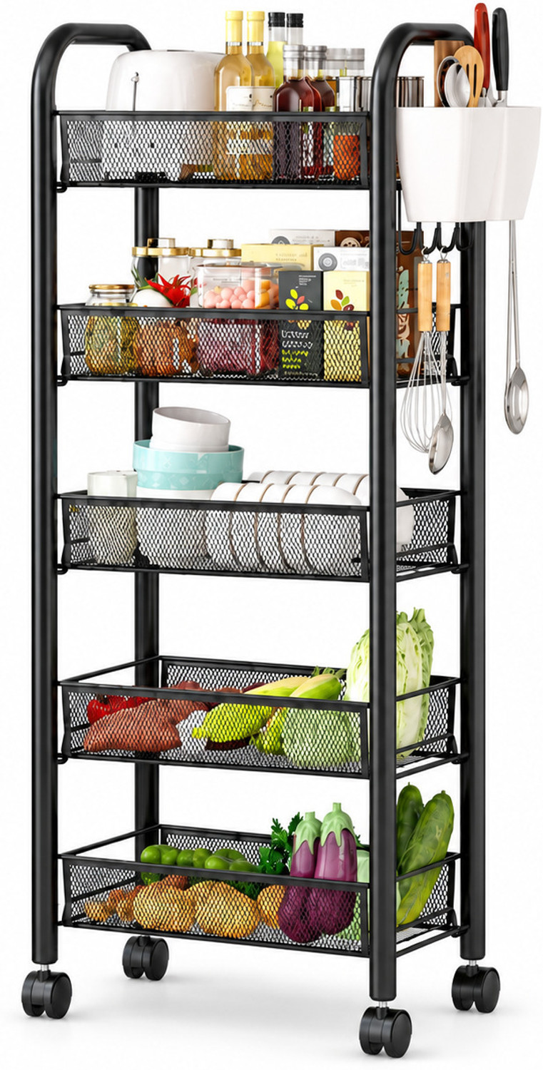 Image of KriShyam 5 Tier Rolling Storage Rack with Metal Mesh Baskets, 360 Caster Wheels Carbon Steel Kitchen Trolley