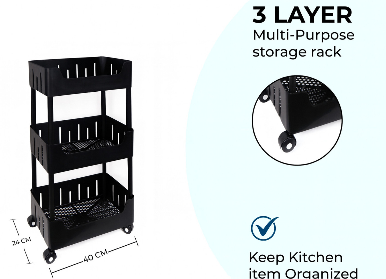 Image of VM BOND 3 Tier Plastic Pipe Storage Trolley with Wheels Easy to assemble Plastic Kitchen Trolley