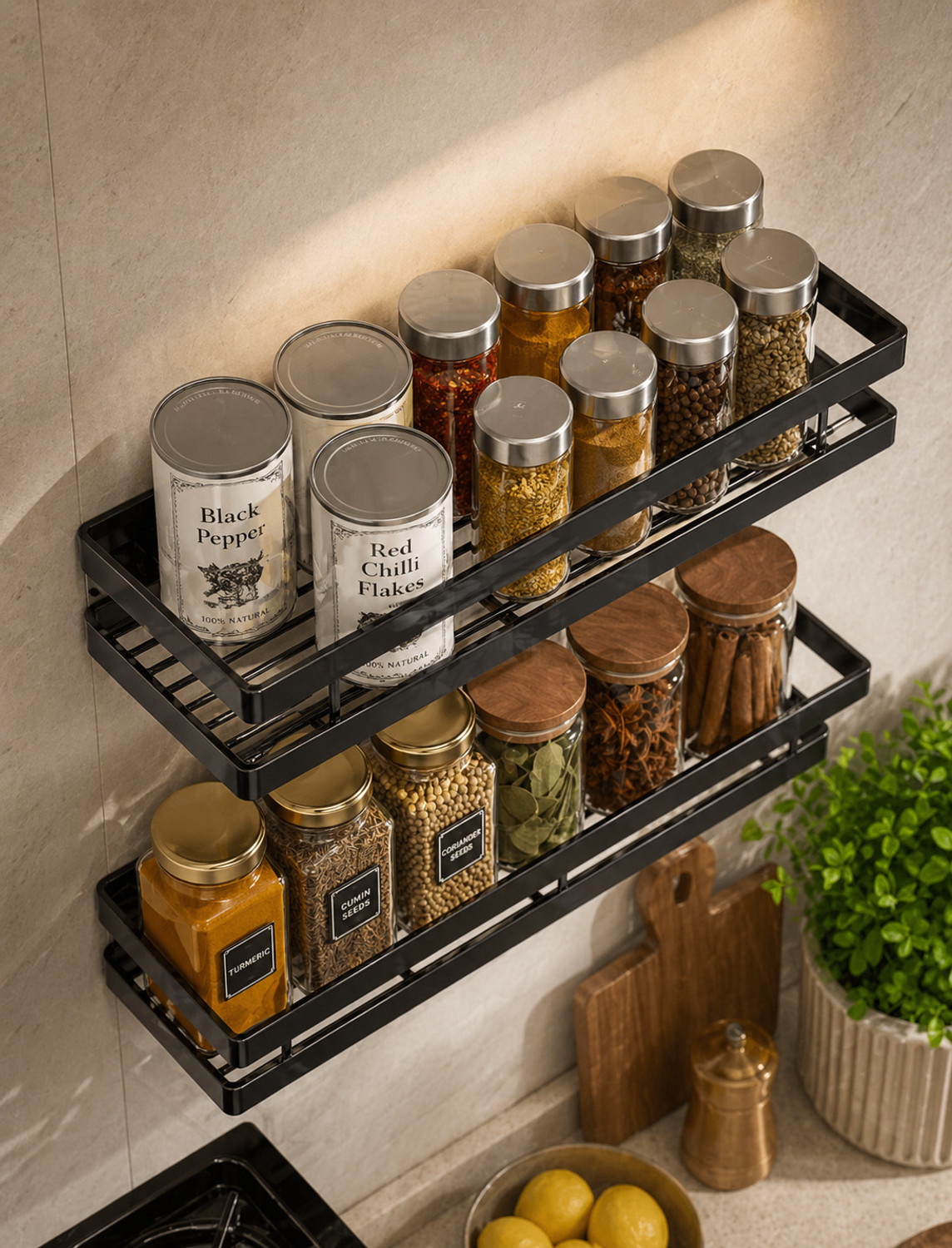 Image of DXDT Containers Kitchen Rack Carbon Steel Steel wall mounted kitchen rack(set of 4)kitchen accessories kitchen organizers