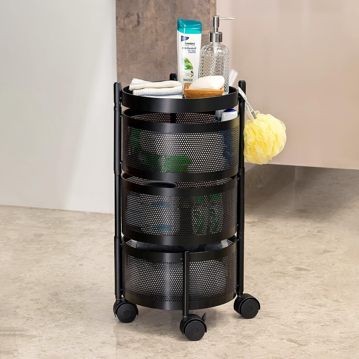 Image of VR 3 Layer Black Round Kitchen Trolley Iron Kitchen Trolley