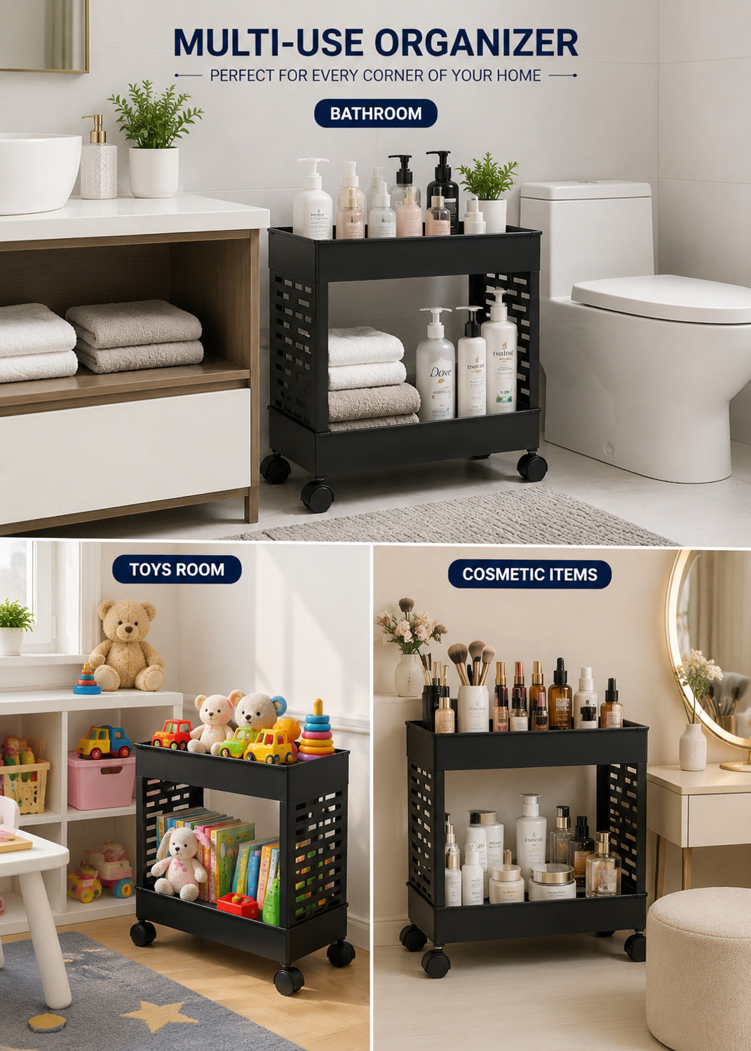 Image of VM BOND 2Tier Multipurpose Storage Trolley with Wheels Black Plastic Kitchen Trolley