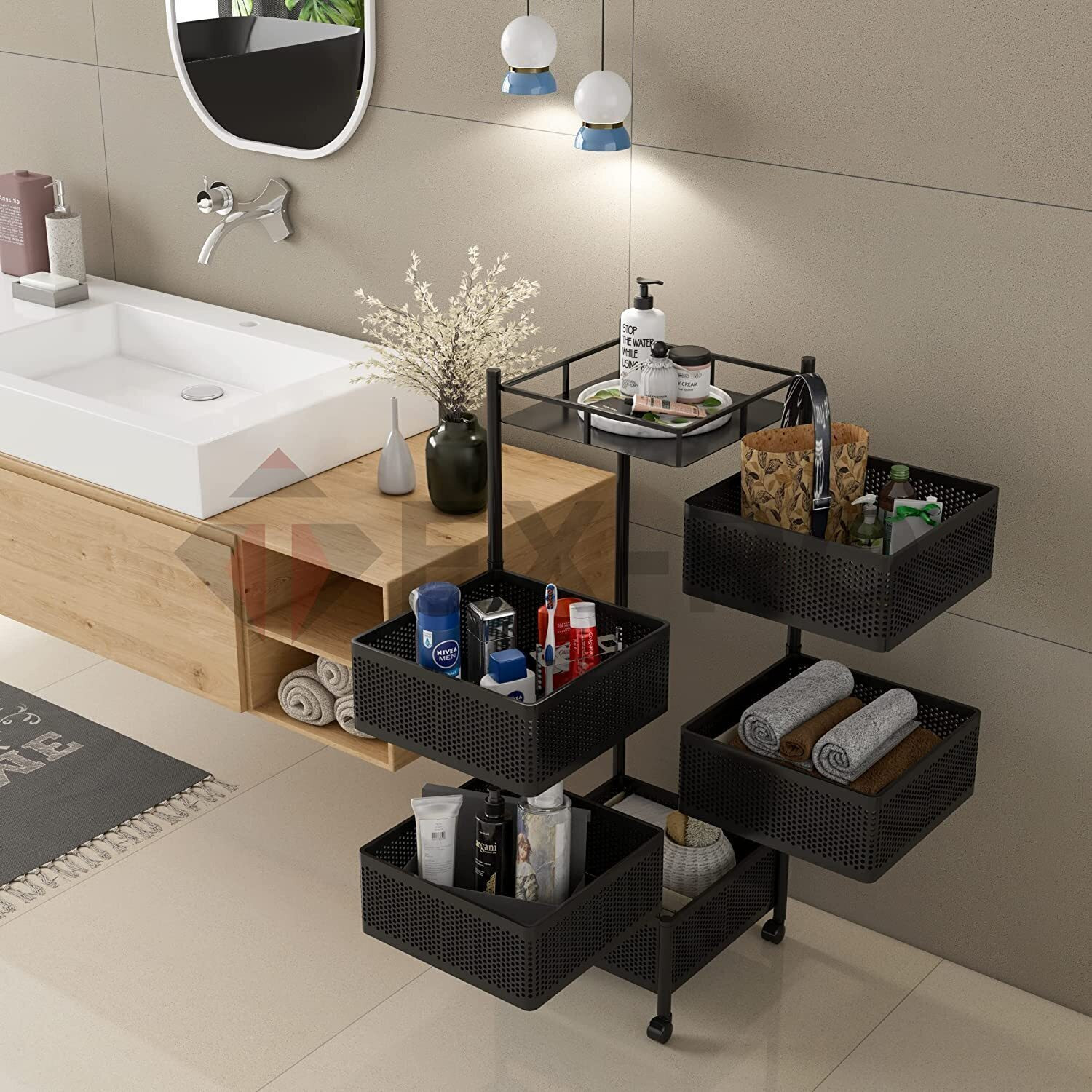 Image of TEX-RO Portable Storage Rack Square Basket Organizer, 5 Layer Iron Kitchen Trolley