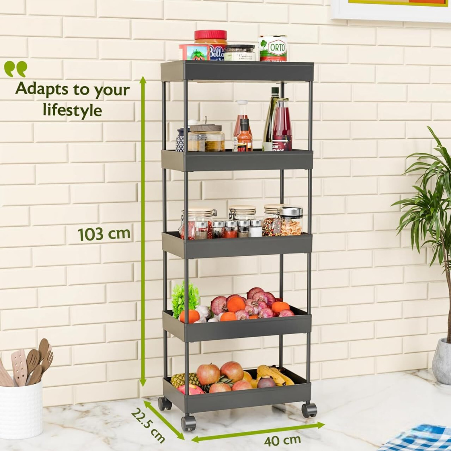 Image of Homemet Slim 5-Layer Rolling Storage Rack Kitchen Storage Organizer Trolley Plastic Plastic Kitchen Trolley (DIY(Do-It-Yourself))