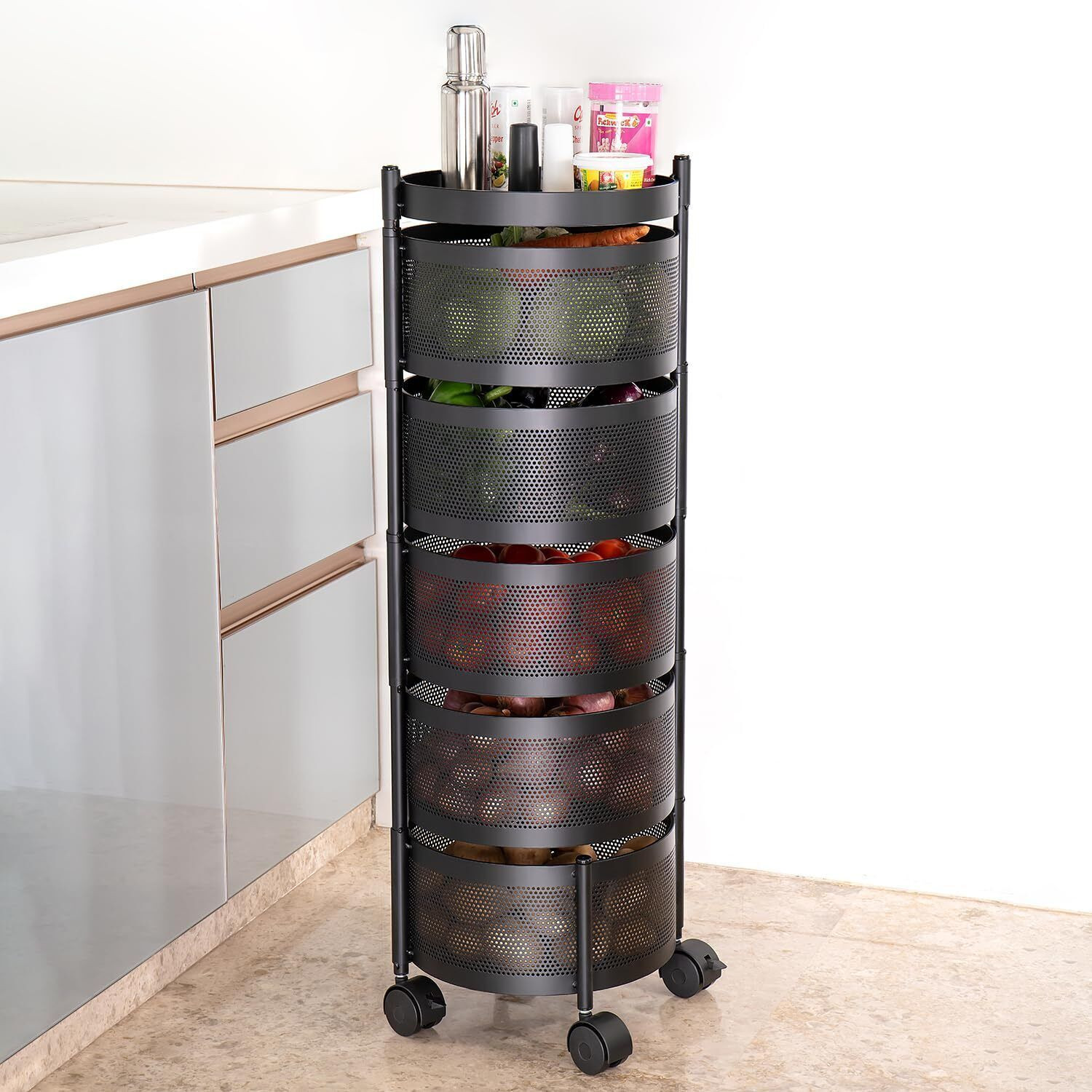 Image of VR 5 Layer Black Round Kitchen Trolley Iron Kitchen Trolley