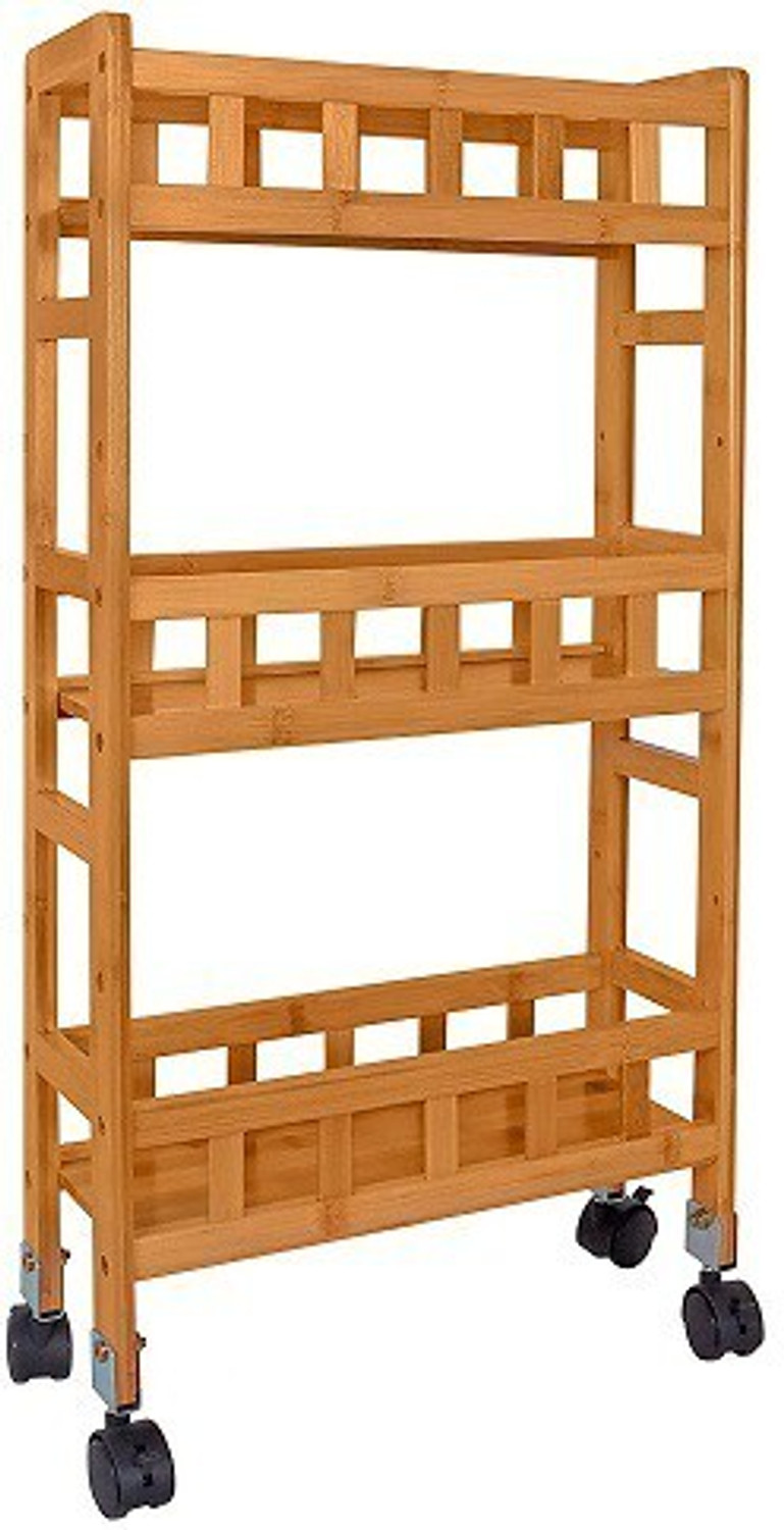 Image of Livzing 3 Layer Storage Organizer Rack with Wheels - Space Saving Trolley for Kitchen Bedroom and Bathroom Bamboo Kitchen Trolley