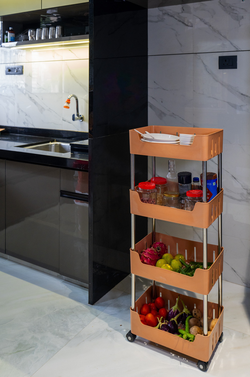 Image of DM PLUS Multi-Purpose Plastic Storage Organizer 4-Tier Rack with Wheel Bathroom & Office Plastic Kitchen Trolley