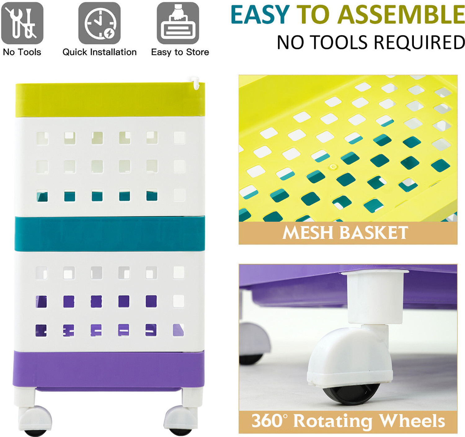 Image of LEOPAX 3 Layers Plastic Rolling Storage Rack | Multipurpose Storage Rack with Wheels | Plastic Kitchen Trolley