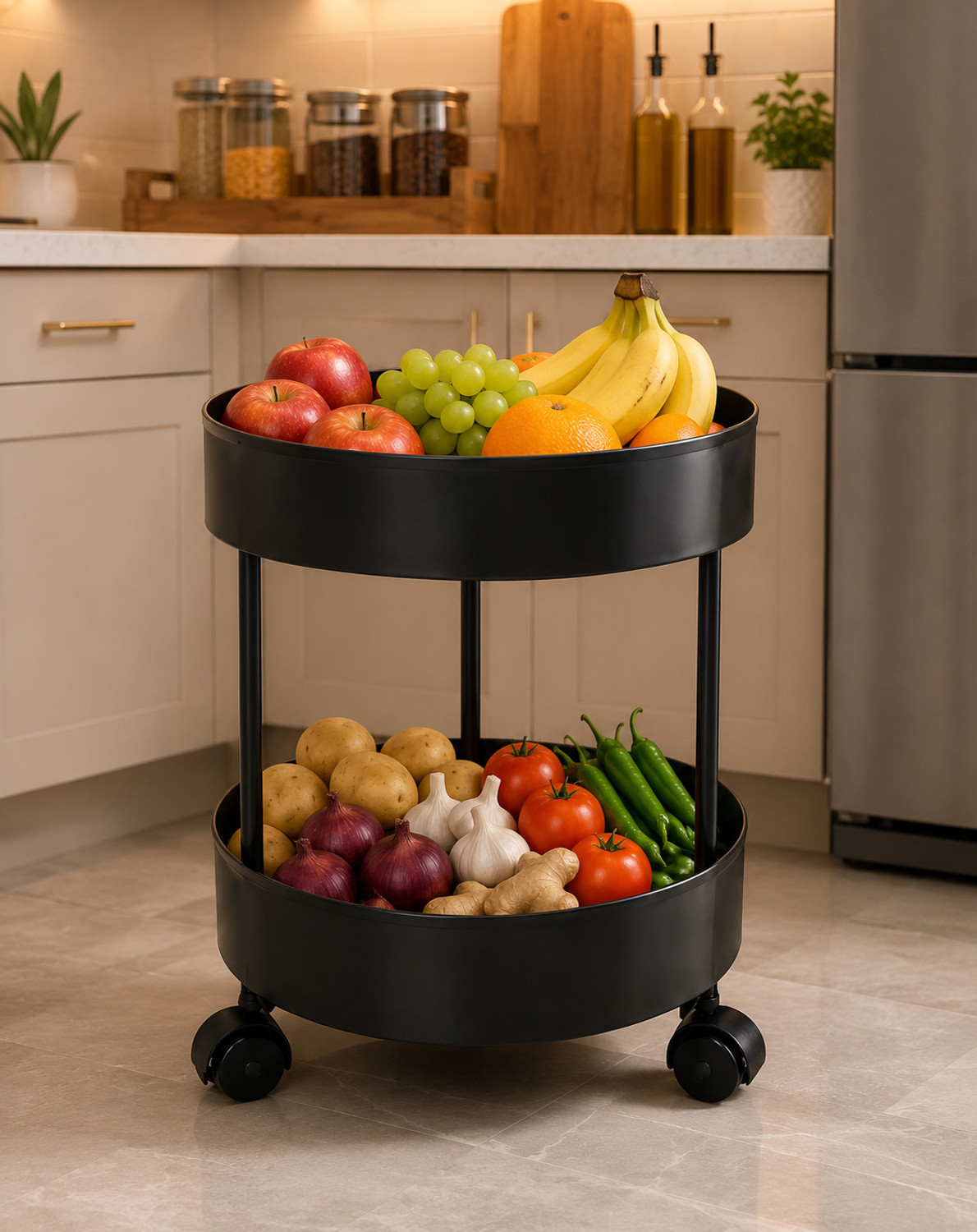 Image of PRIKAP ENTERPRISE 2 -TIER MULTIPURPOSE PLASTIC FRUIT & VEGETABLES TROLLEY WITH WHEELS | Plastic Kitchen Trolley