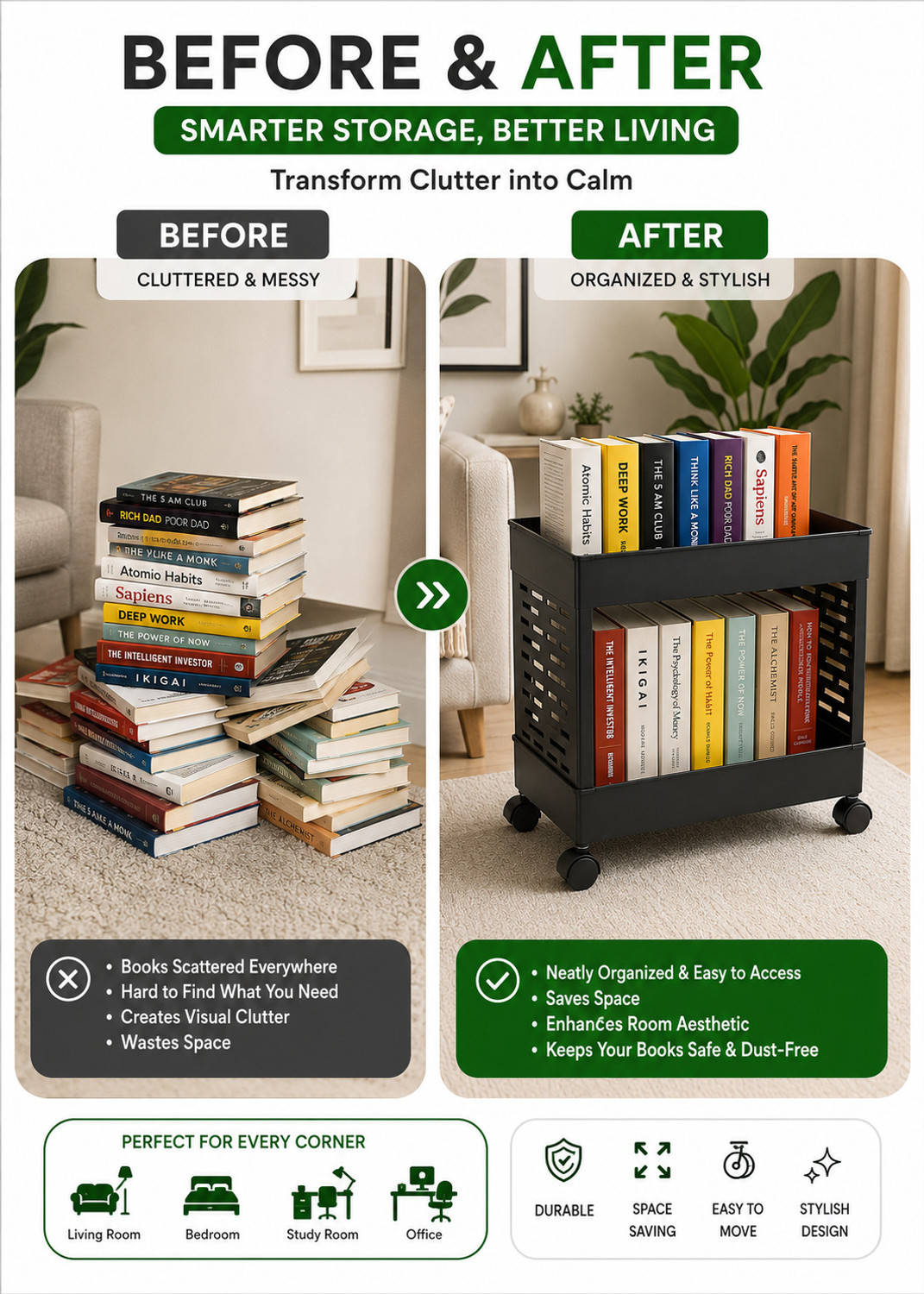 Image of VM BOND 2Tier Multipurpose Storage Trolley with Wheels Black Plastic Kitchen Trolley