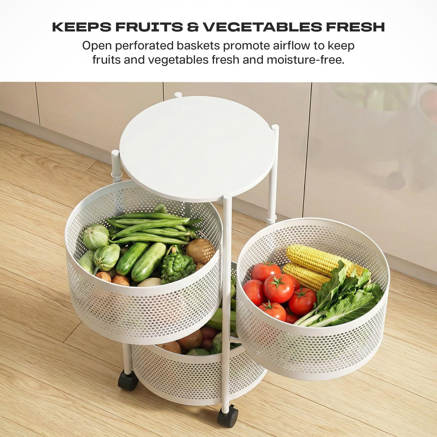 Image of Dailora 3+1 Layer Kitchen Metal Storage Organizer Onion Rack with Wheels Round Shape Carbon Steel Kitchen Trolley